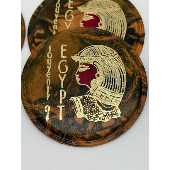 Vtg Egyptian Camel Leather Brown w/Gold Detail Set of 5 Coasters Drinkware - Picture 3 of 6